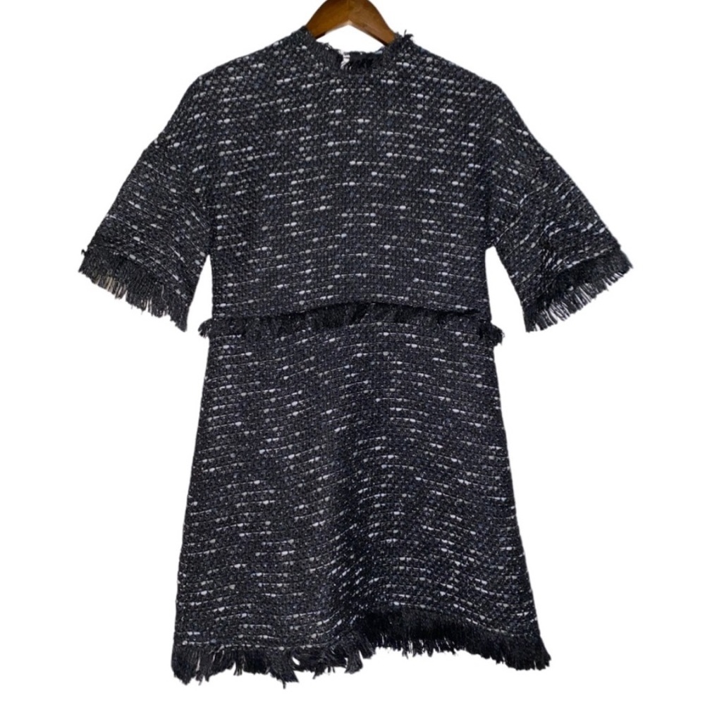 Zara Tweed Fringe Black Half Sleeve Keyhole Pullover Women Dress X-Small